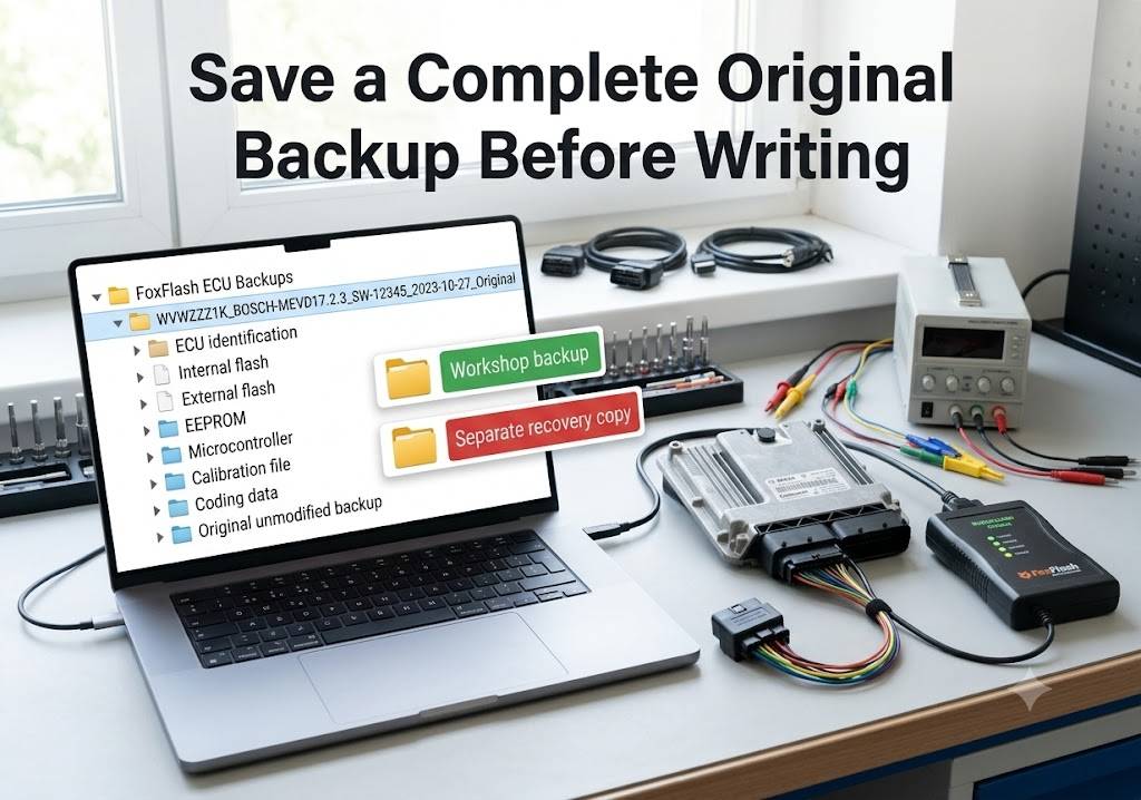 Saving FoxFlash ECU flash EEPROM microcontroller and original calibration backup files