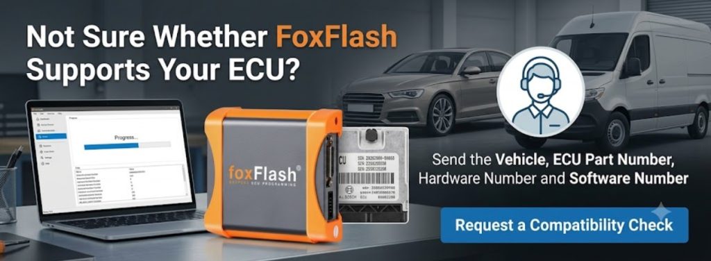 FoxFlash ECU compatibility check using vehicle information ECU label hardware and software numbers