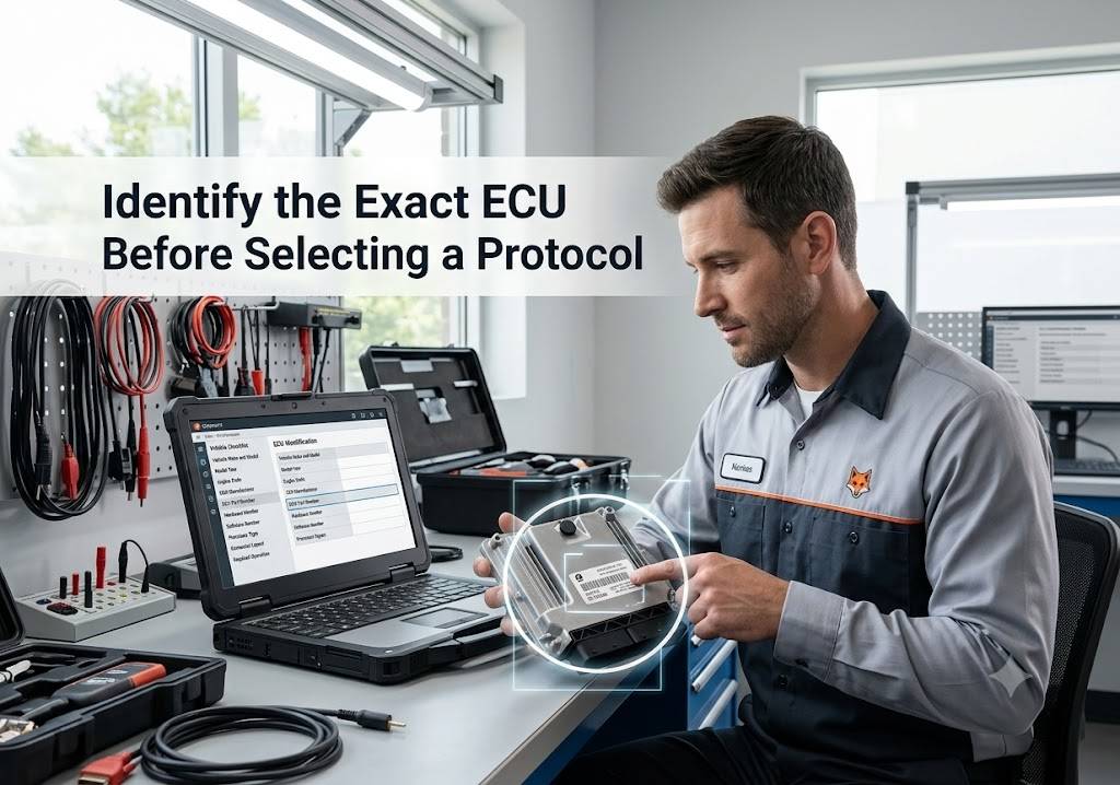 Technician checking ECU part number hardware software and processor before FoxFlash programming