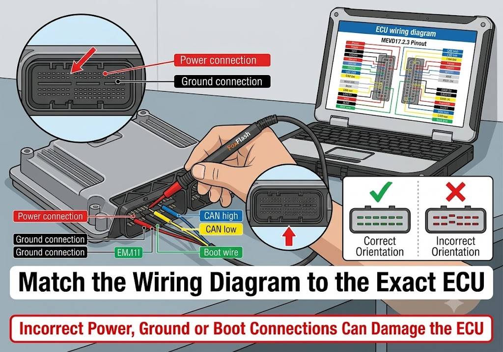 Verifying FoxFlash ECU bench pinout power ground CAN and boot connections