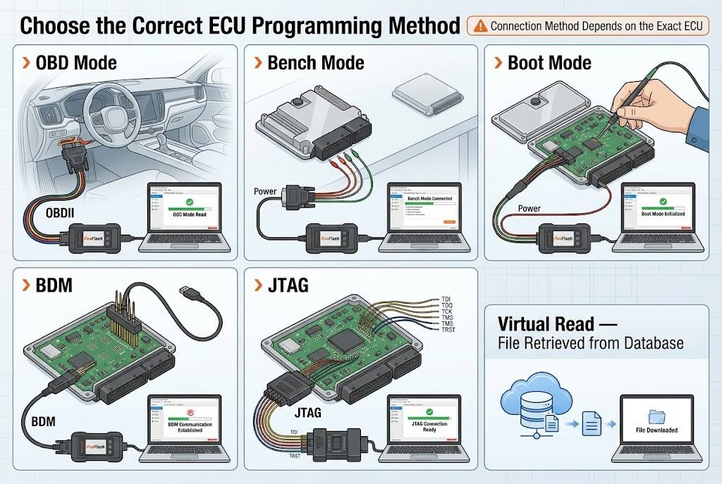 Comparison of FoxFlash OBD bench boot BDM JTAG and virtual-read programming methods