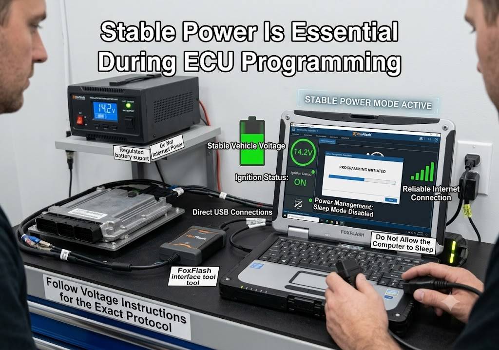 FoxFlash ECU programming with regulated battery support stable voltage and secure USB connection