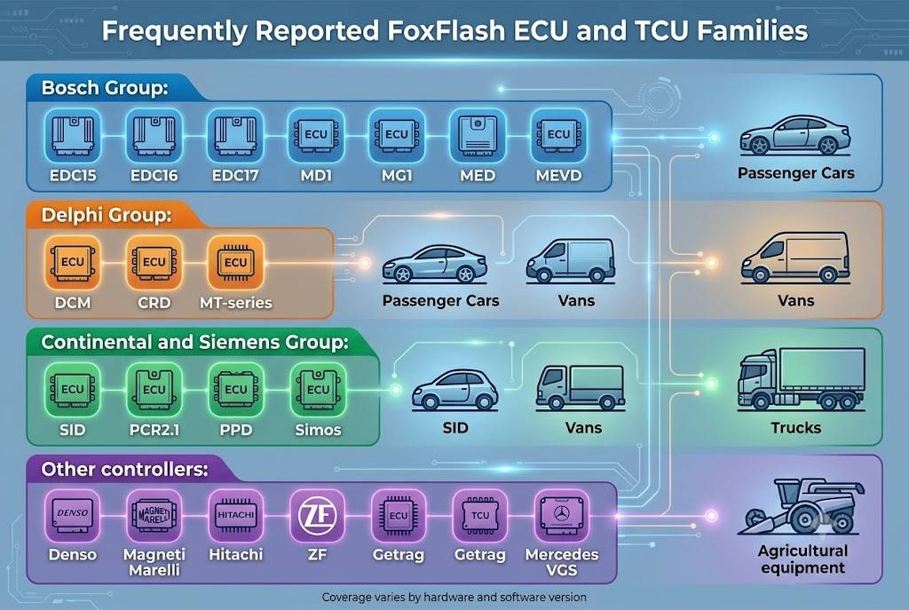 Overview of Bosch Delphi Continental Siemens Denso Marelli and TCU families tested with FoxFlash