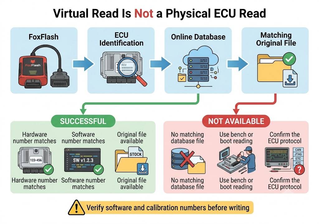 FoxFlash virtual read process using ECU identification and an online original-file database