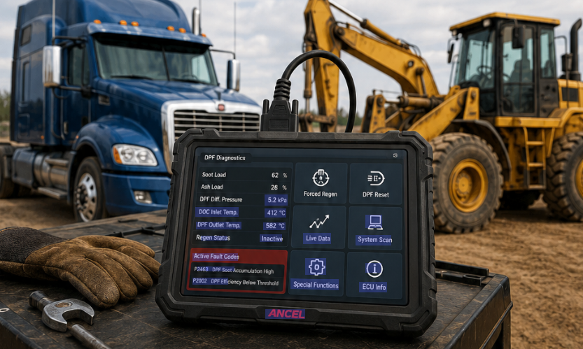 Heavy-duty DPF scanner diagnosing a semi-truck and construction equipment