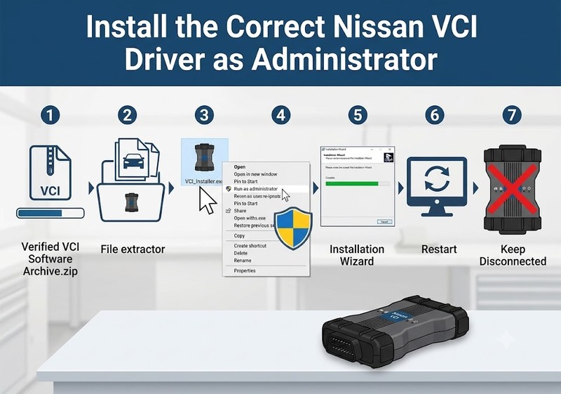 Installing verified Nissan VCI drivers with administrator privileges on Windows