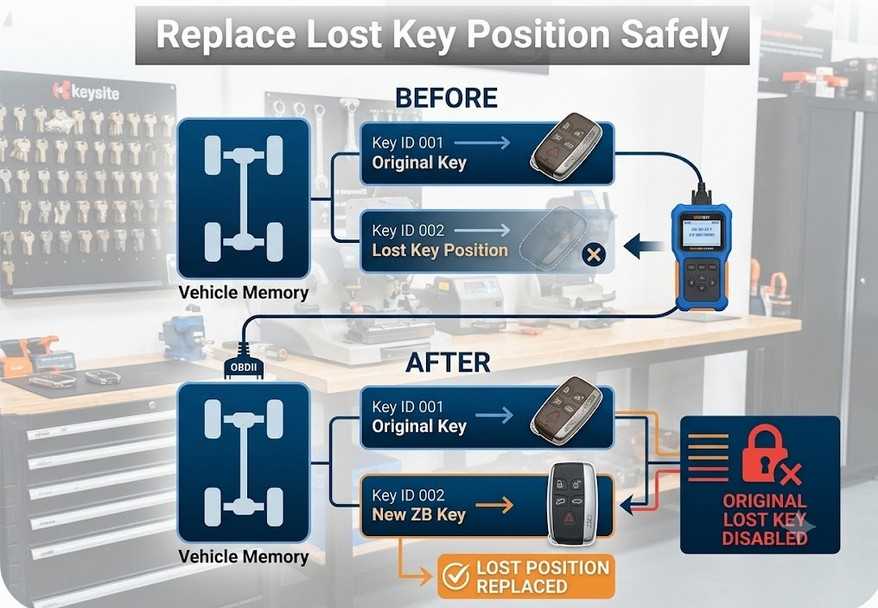 Diagram showing JLR lost key position replacement using KEYDIY KD-X4