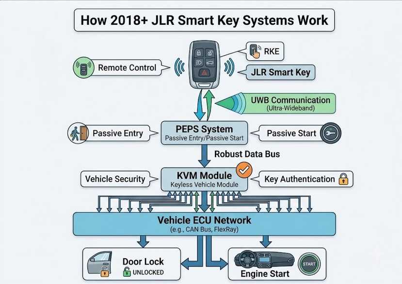 Diagram showing Jaguar Land Rover smart key PEPS UWB and KVM communication system