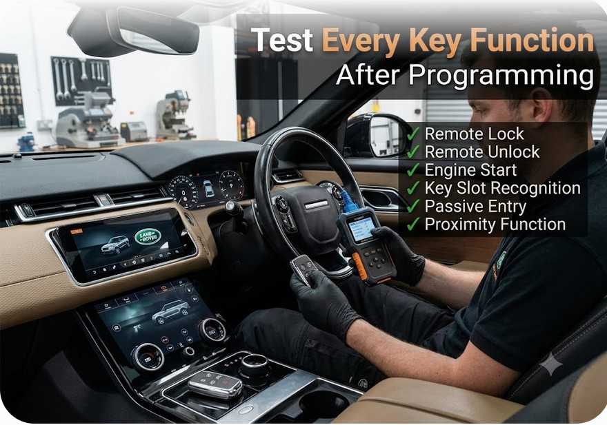 Testing Jaguar Land Rover smart key remote, proximity, and engine start functions after programming