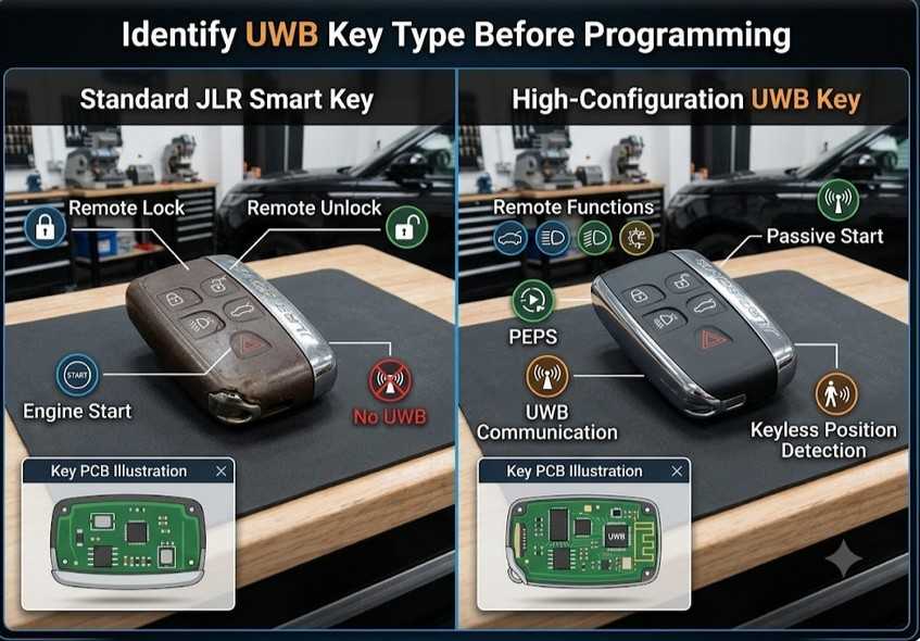 Comparison between standard and UWB Jaguar Land Rover smart keys