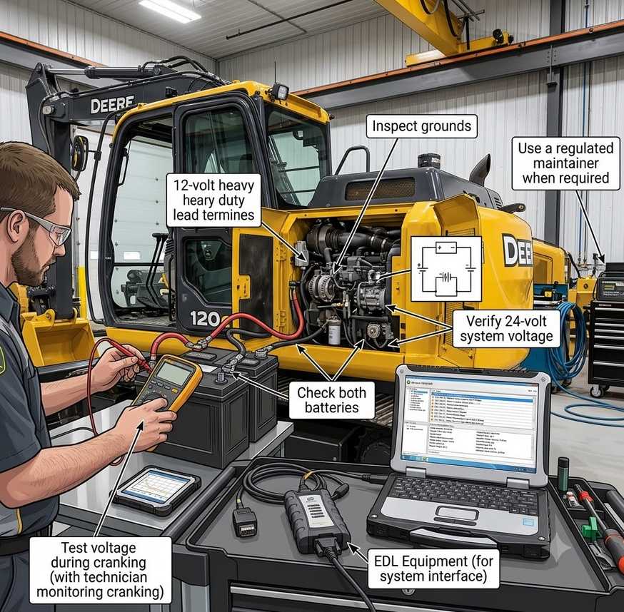 Checking the 24-volt battery system before diagnosing a John Deere 120C excavator