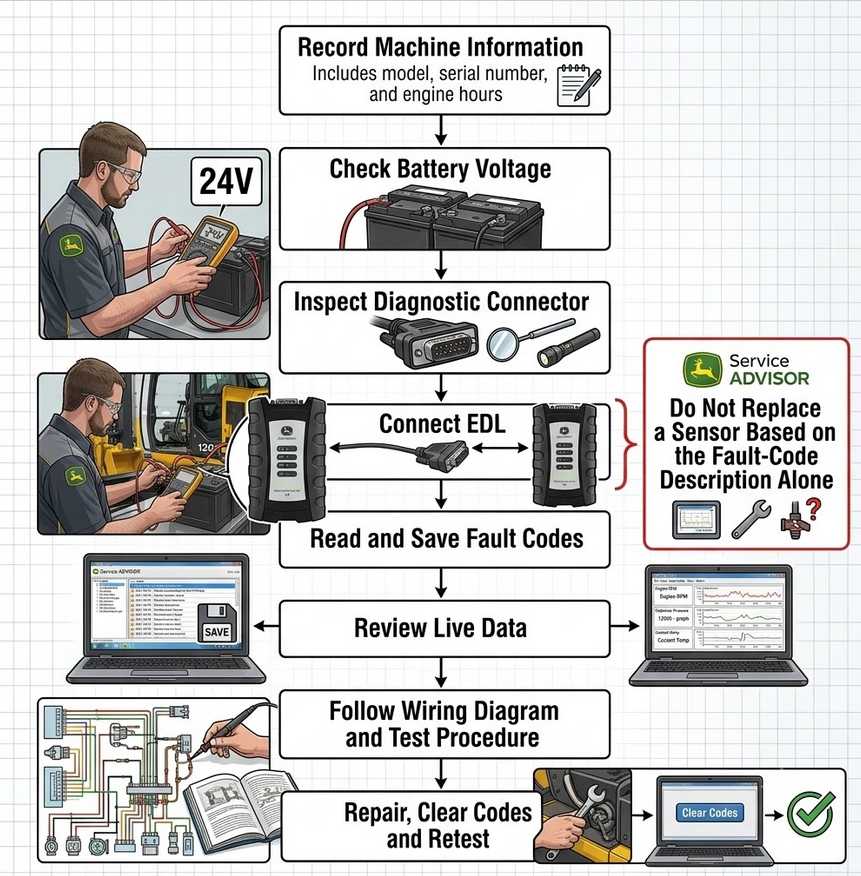 Step-by-step John Deere 120C excavator diagnostic workflow using Service ADVISOR