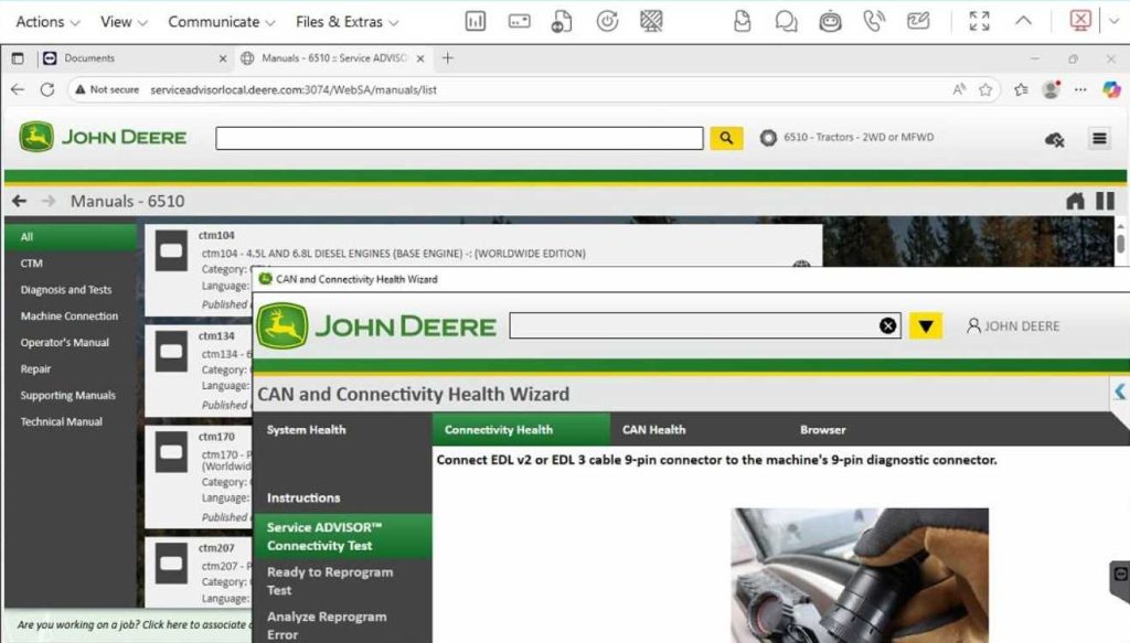 John Deere 120C live data monitoring with Service ADVISOR diagnostic software