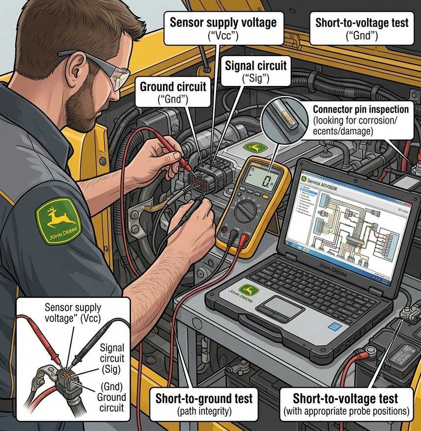 Testing John Deere 120C sensor wiring and connector circuits with a multimeter