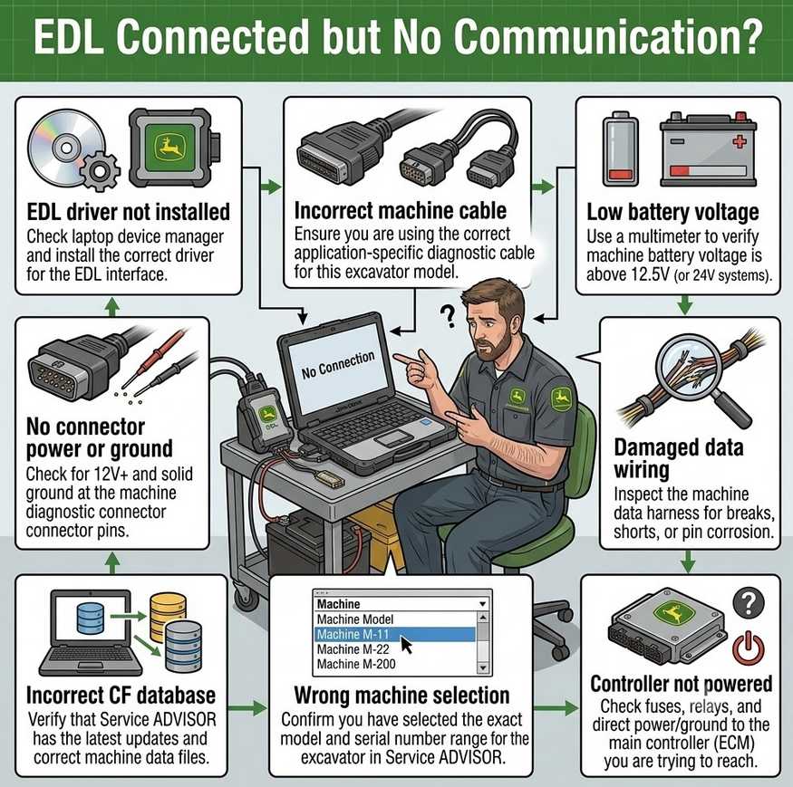 Troubleshooting John Deere EDL communication problems on a 120C excavator