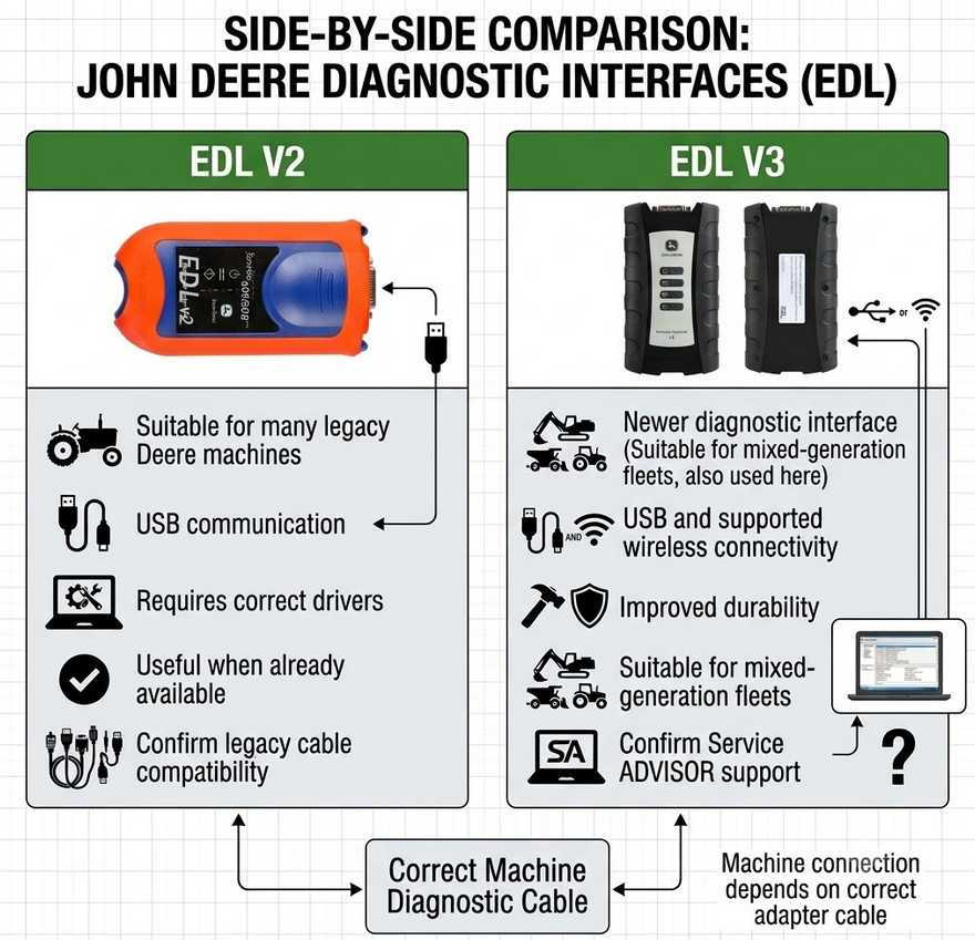Comparison of John Deere EDL V2 and EDL V3 diagnostic interfaces