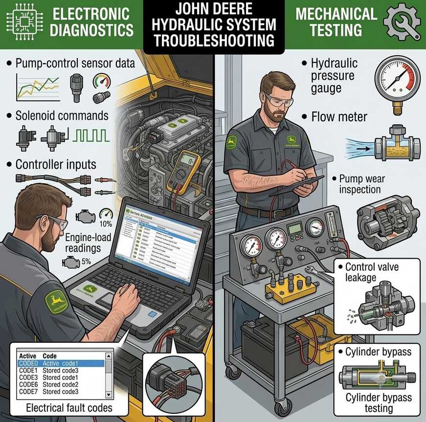 Comparison of electronic diagnostics and mechanical hydraulic testing on a John Deere excavator