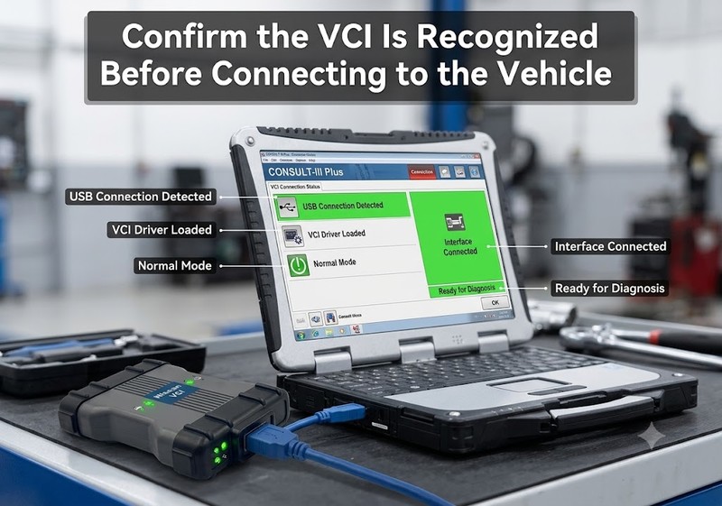 Nissan VCI recognized by CONSULT-III Plus through a direct USB connection