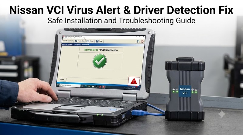 Nissan VCI connected to CONSULT-III Plus while troubleshooting driver and antivirus detection problems