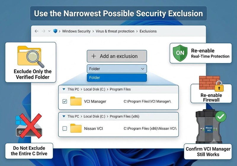 Adding a limited Windows Defender folder exclusion for verified Nissan VCI software