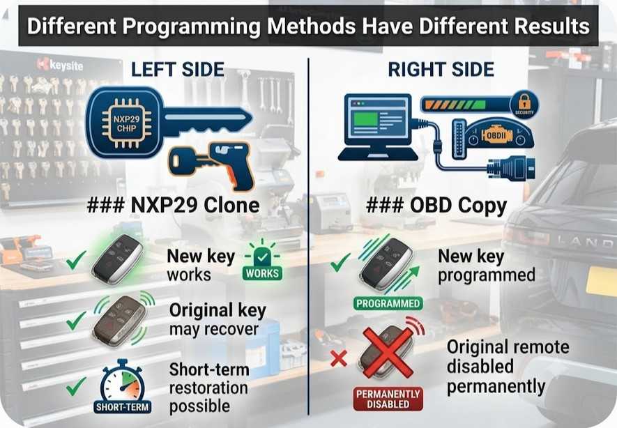 Comparison between NXP29 cloning and OBD programming methods for JLR keys
