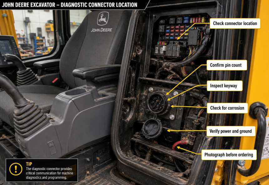 Inspecting the diagnostic connector inside a John Deere 120C excavator cab