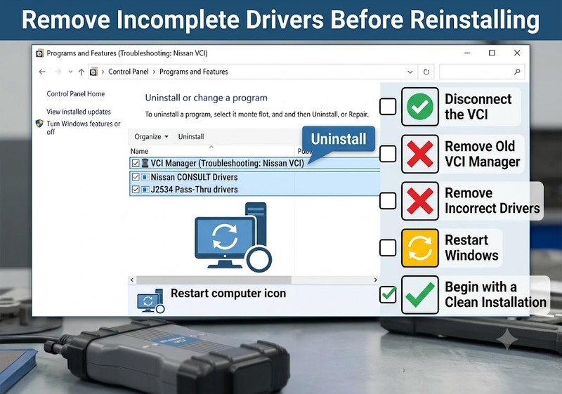 Removing old Nissan VCI Manager and J2534 drivers before a clean installation