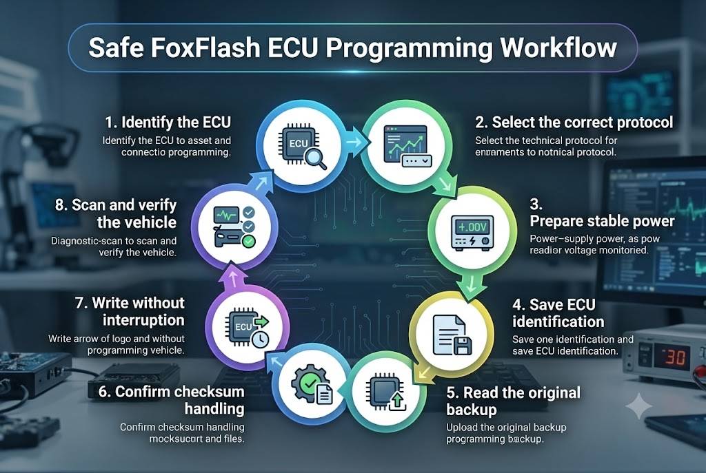 Eight-step safe FoxFlash ECU identification backup writing and vehicle verification workflow