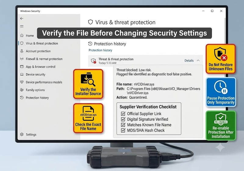 Reviewing a Nissan VCI antivirus warning in Windows Security before driver installation