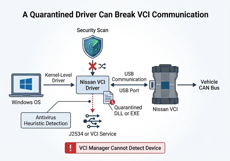Diagram showing how antivirus quarantine can interrupt Nissan VCI USB and CAN communication