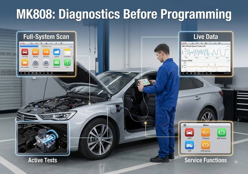 Technician using Autel MK808 for full system diagnosis and active tests