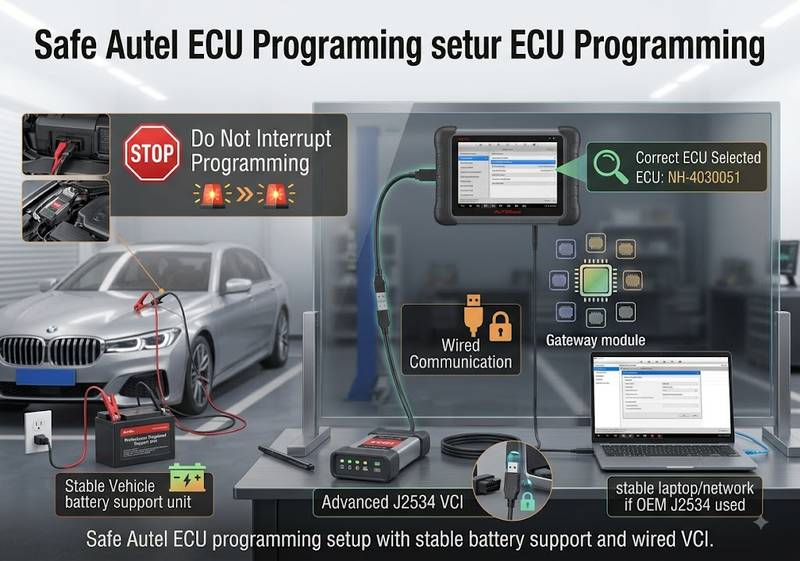 Safe Autel ECU programming setup with stable battery support and wired VCI