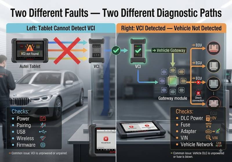 Difference between Autel VCI not detected and VCI unable to communicate with vehicle