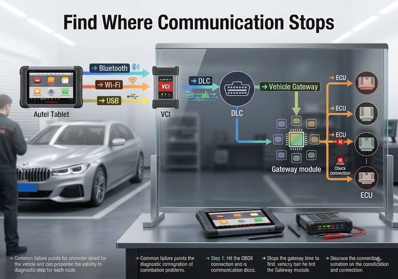 Autel tablet VCI DLC gateway and ECU communication troubleshooting diagram