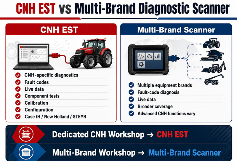 CNH EST vs aftermarket multi-brand diagnostic scanner comparison for workshops