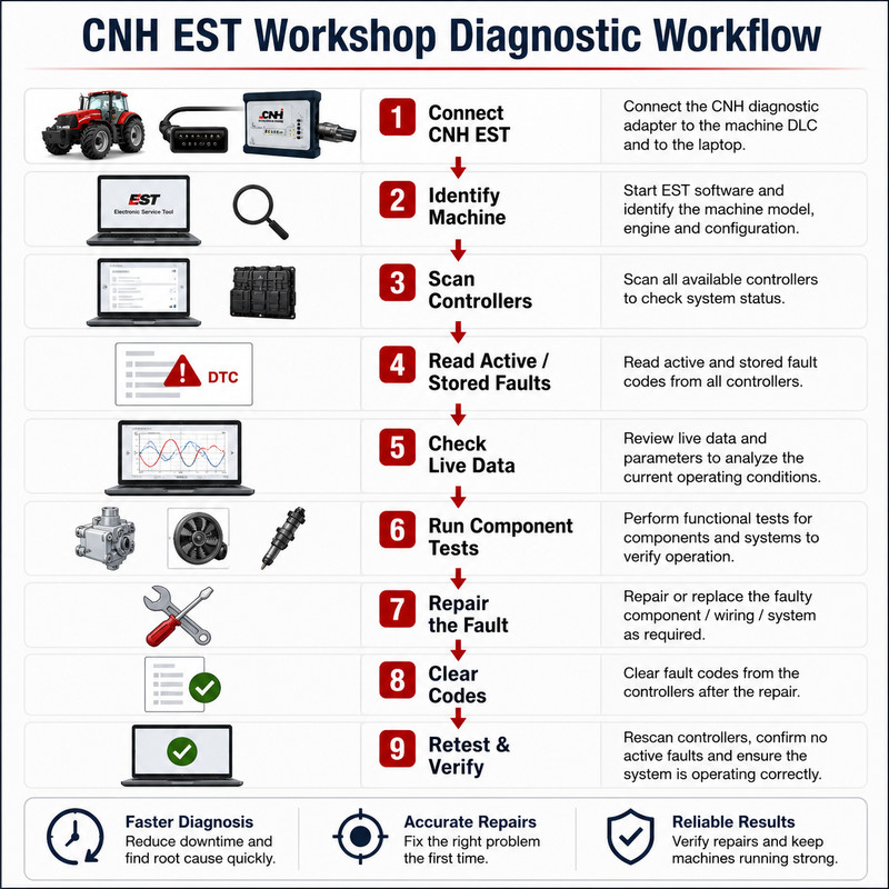CNH EST workshop diagnostic workflow from machine connection to repair verification