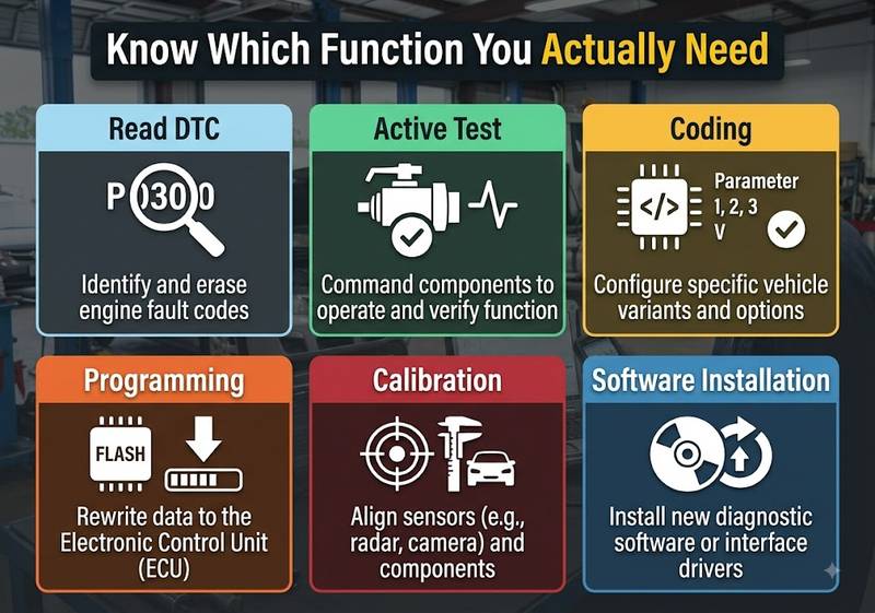 Difference between diagnostic codes active tests coding programming calibration and software installation
