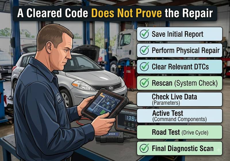 Post repair verification with rescan live data active test and final diagnostic scan
