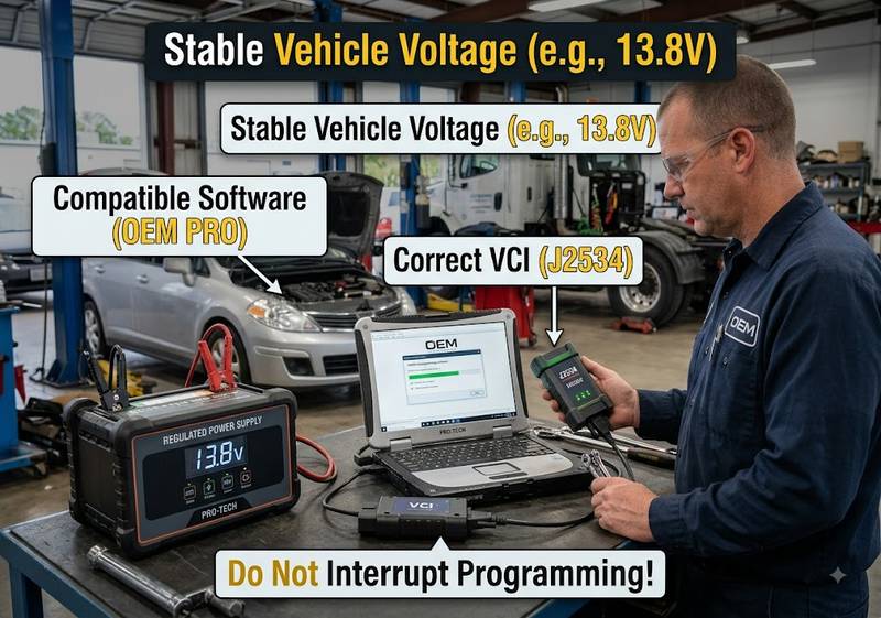 Safe ECU programming setup using J2534 interface laptop and regulated battery support