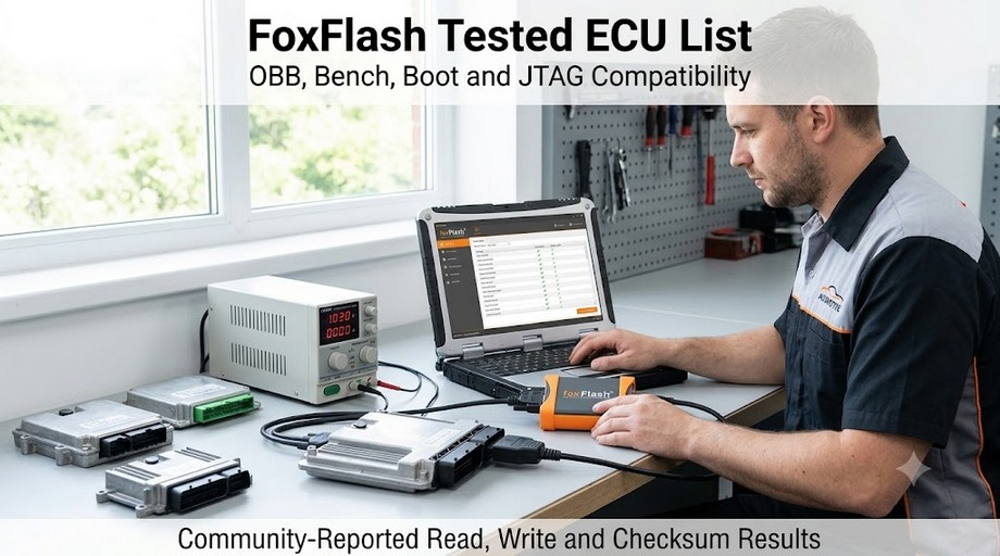 FoxFlash ECU programmer with laptop and ECUs for OBD bench boot and JTAG programming