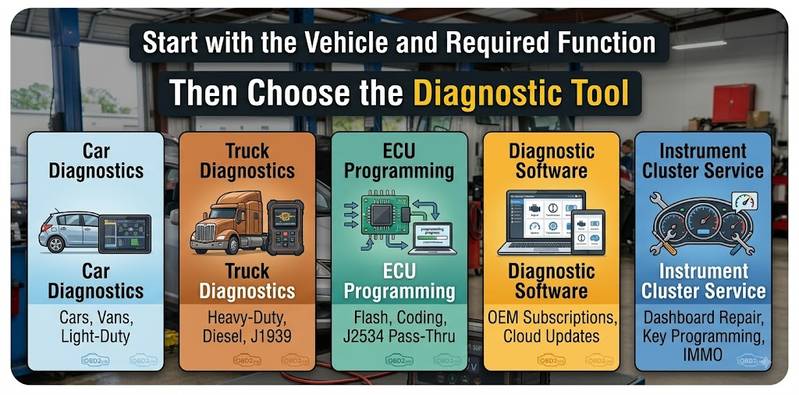 OBD2 LTD diagnostic tool categories for cars trucks ECU programming and diagnostic software