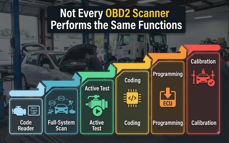 Comparison of OBD2 code reading full system diagnosis active tests coding and ECU programming