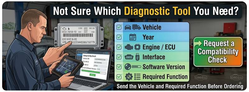 OBD2 scanner compatibility check using vehicle year engine ECU software and required function