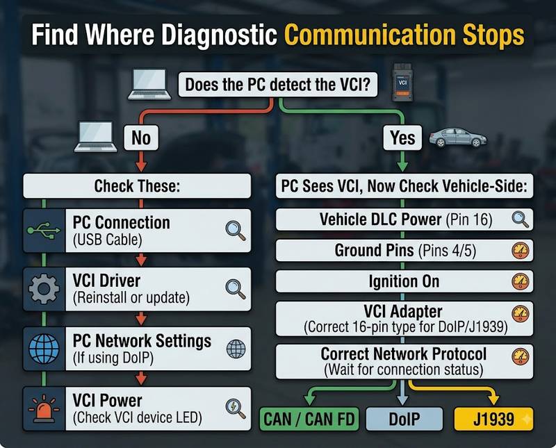 OBD2 scanner no communication troubleshooting flowchart for VCI and vehicle connection
