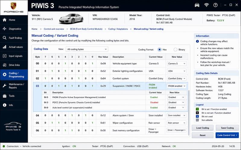 Detailed view of PIWIS 3 manual variant coding software table showing parameter enable/disable states.