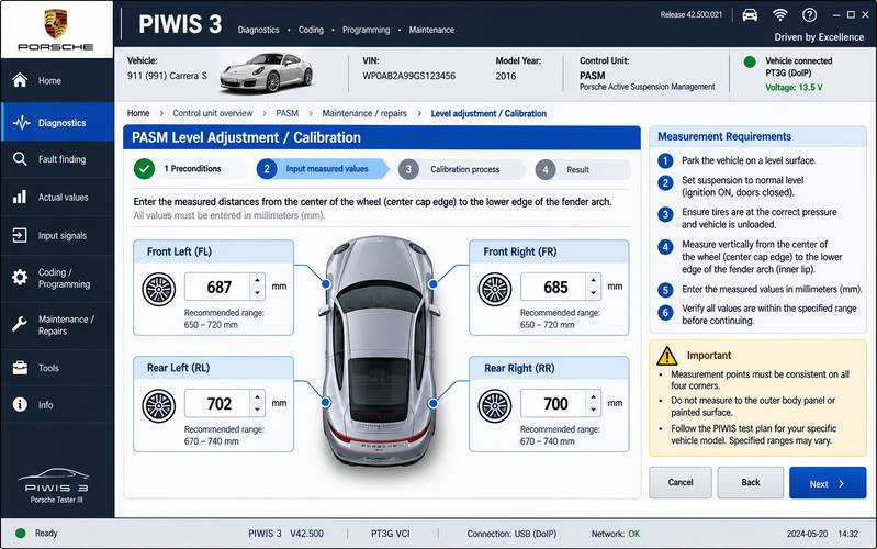 Software interface of PIWIS 3 showing measured ride height millimeter entry boxes for air suspension calibration