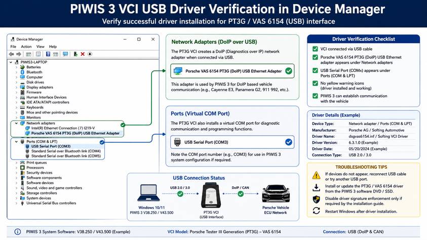 Screenshot showing successful driver binding for PIWIS 3 VCI hardware in Windows Device Manager.