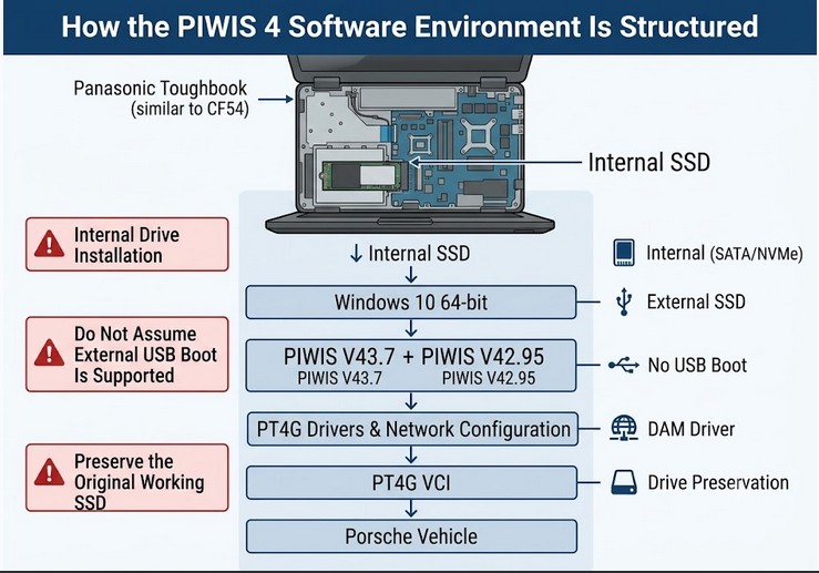 Porsche PIWIS 4 SSD system architecture with Windows software PT4G drivers and vehicle connection