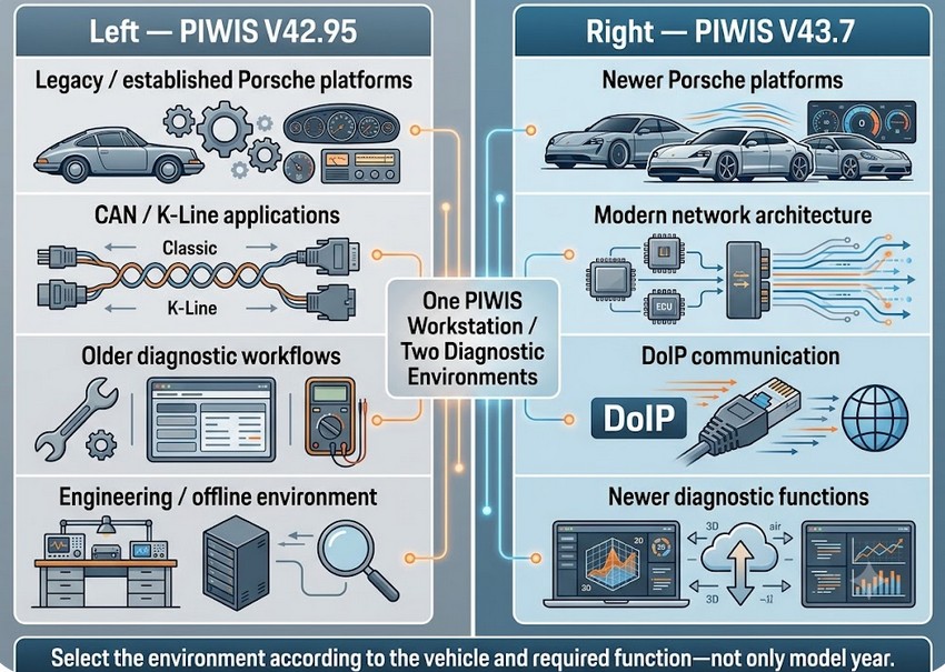 Comparison of Porsche PIWIS V42.95 and V43.7 diagnostic software environments