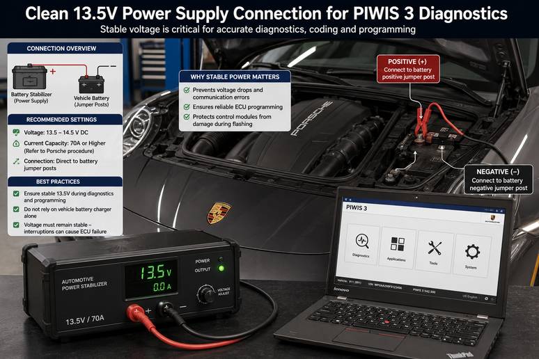 Dedicated battery power stabilizer attached to Porsche battery jumper terminals during diagnostic session